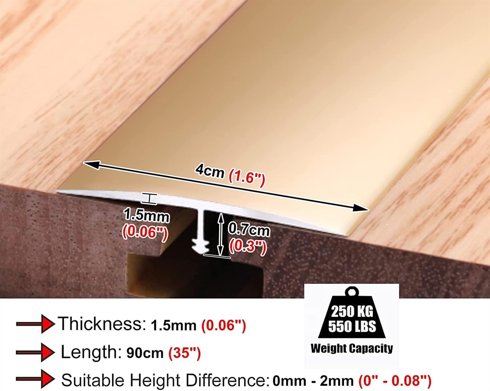 Profilo di Transizione, Striscia di Soglia, Pavimento in laminato/bordo in legno, rivestimento for pavimenti lisci(Gold)