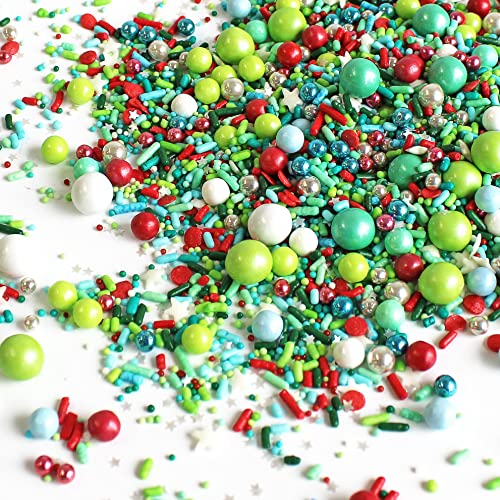 Deck The Halls Sprinkles Mix| Christmas Holiday Cake Cupcake Cookie Decorations Sprinkles| Ice Cream Candy Decorating Sprinkles| Green Red Blue White Star Confetti Colorful Sprinkles, 8OZ