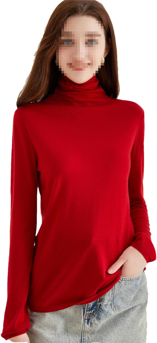 Women Solid Spring Turtleneck Long Sleeve Blouse Merino Wool Tops Casual Classic