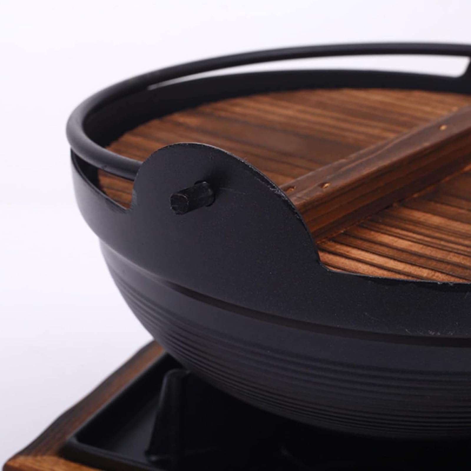 Pentola da Cucina in ghisa Shabu in Stile Giapponese, per Sukiyaki Nabe, con Coperchio in Legno e fornello Antiaderente, per servire zuppa di Noodle e Ramen Sukiyaki, 28 cm/11 poll