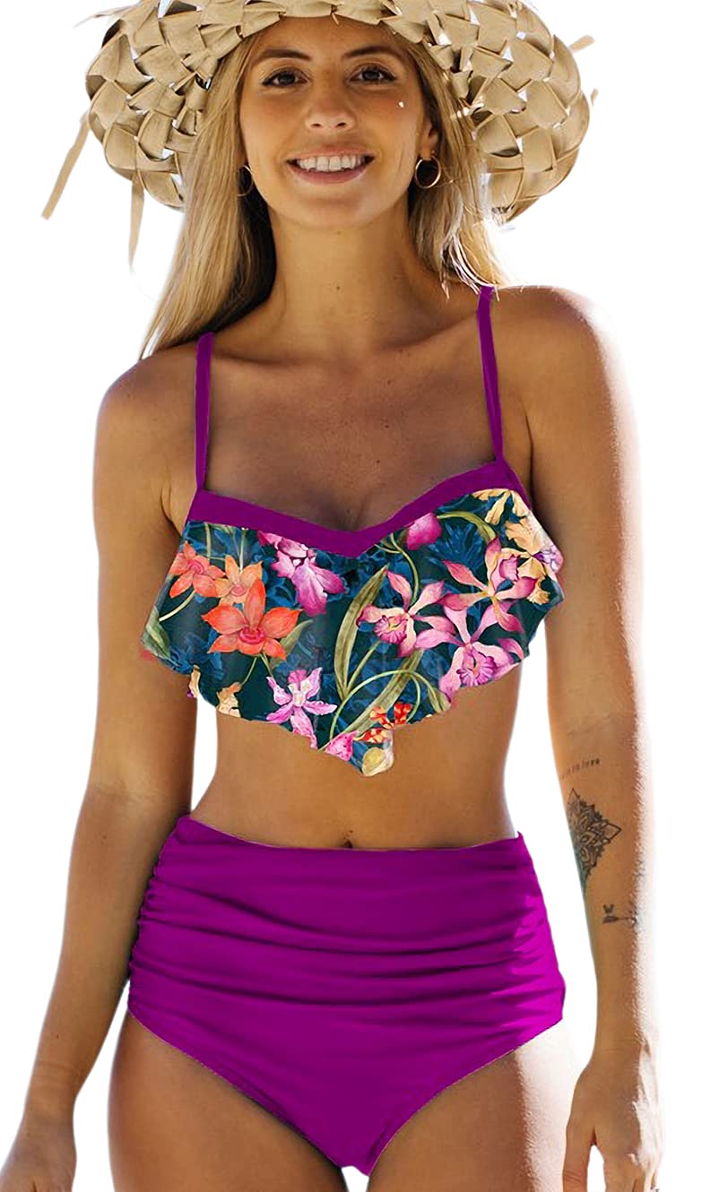 JFAN Costume da Bagno Donna Due Pezzi Bikini A Vita Alta Bottom Increspato Stampa Floreale Halter Ruffle Coordinati Blu L
