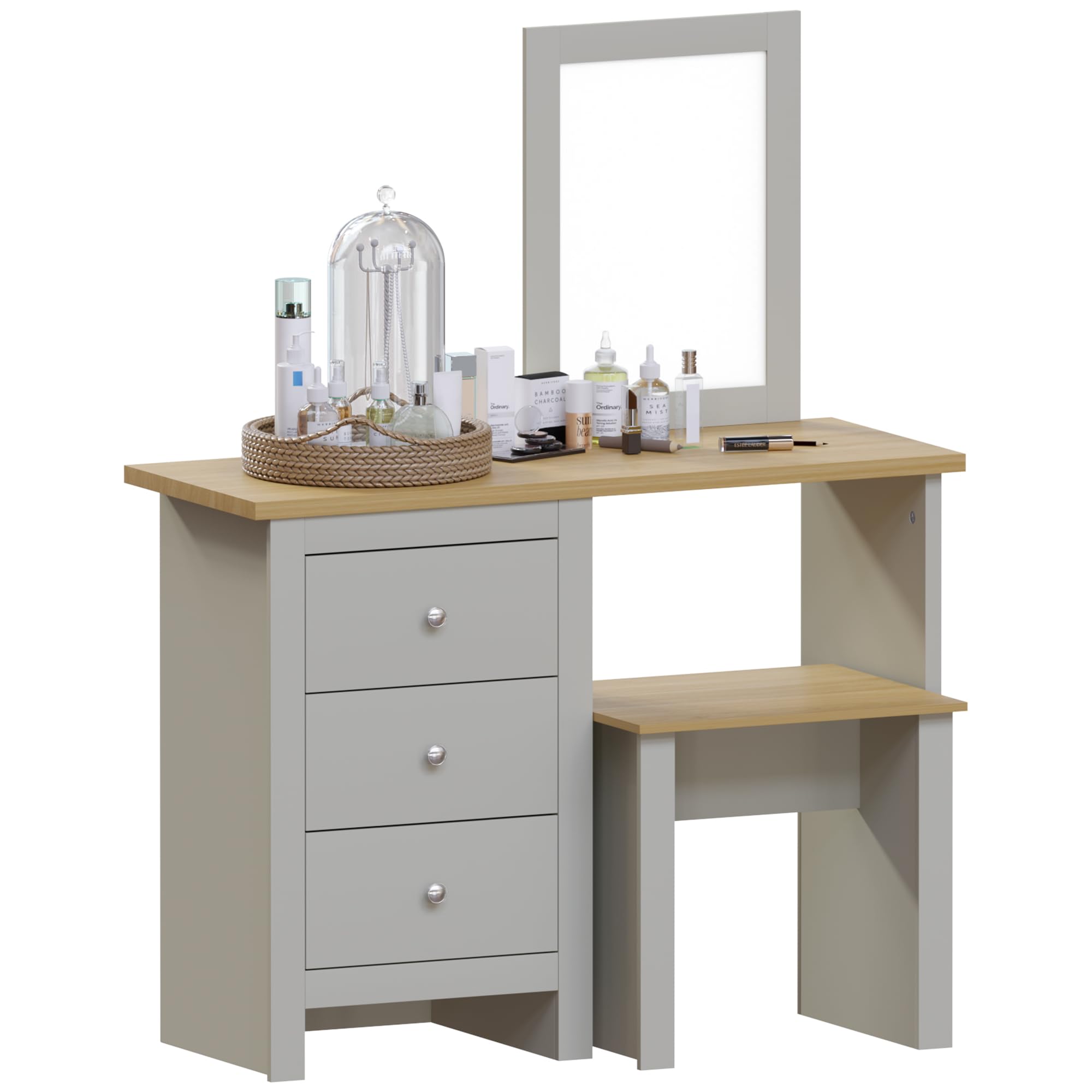 Vida Designs Arlington Dressing Table/Vanity Table, 3 Drawer, Stool, Mirror - Bedroom Makeup Set, Grey