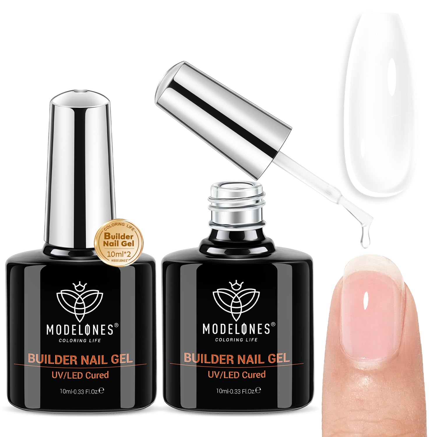 modelones Builder Nail Gel, 2 Pcs Clear Builder Nail Polish for Thickening Strengthener Apex Building Extension Rubber Base Gel Polish in a Bottle for DIY Home Salon Gifts 10ml LED Lamp Cured