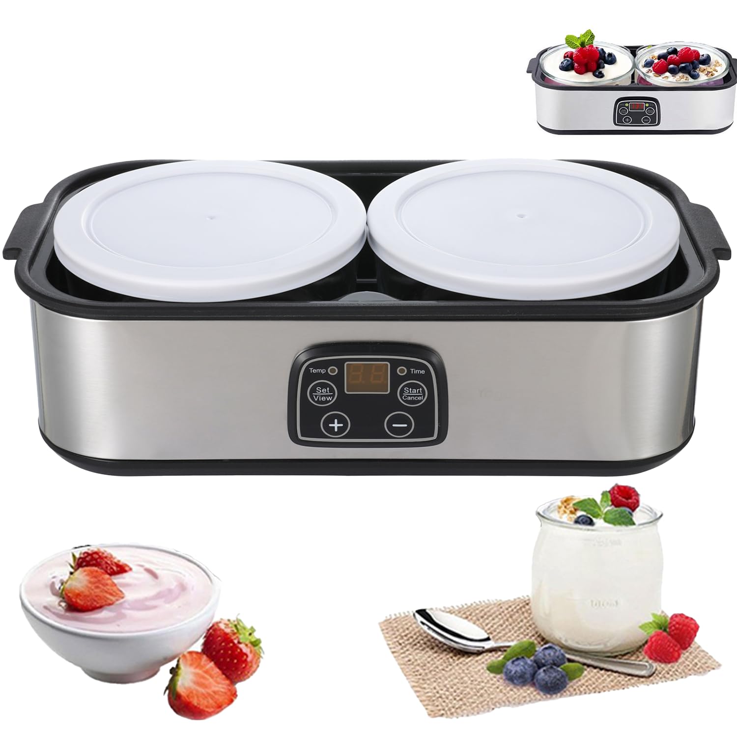 Automatischer Joghurtmaschine, 2L Einstellbare Temperatur & Timer Elektrischer Joghurtbereiter mit LED-Anzeige und 2 Glasbehältern, Ideal für Zubereitung Bio-Joghurt, Milchprodukten, Käse, Natto