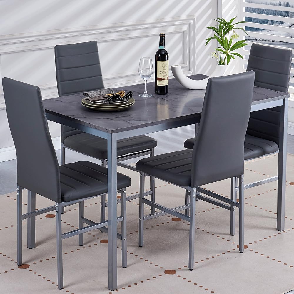 DZOVAD Slate Gray 5-Piece Dining Set, Kitchen Table Chairs Set of 4 for Kitchen & Dining Room, Dinette, Space-Saving with MDF Board Table Top, 4
