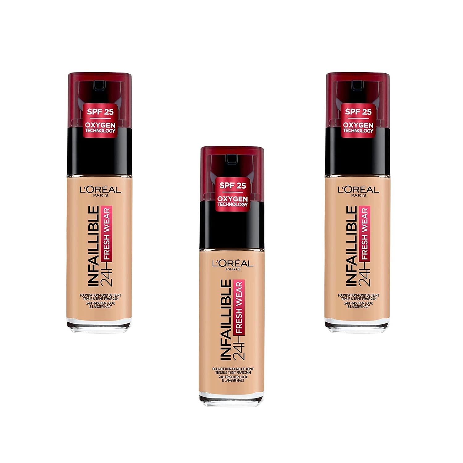 L'Oréal Paris Fond de Teint Fluide Infaillible 24h Fresh Wear - Tous Types de Peaux - 200 Sable Doré, Lot de 3 (3 x 30 ml)