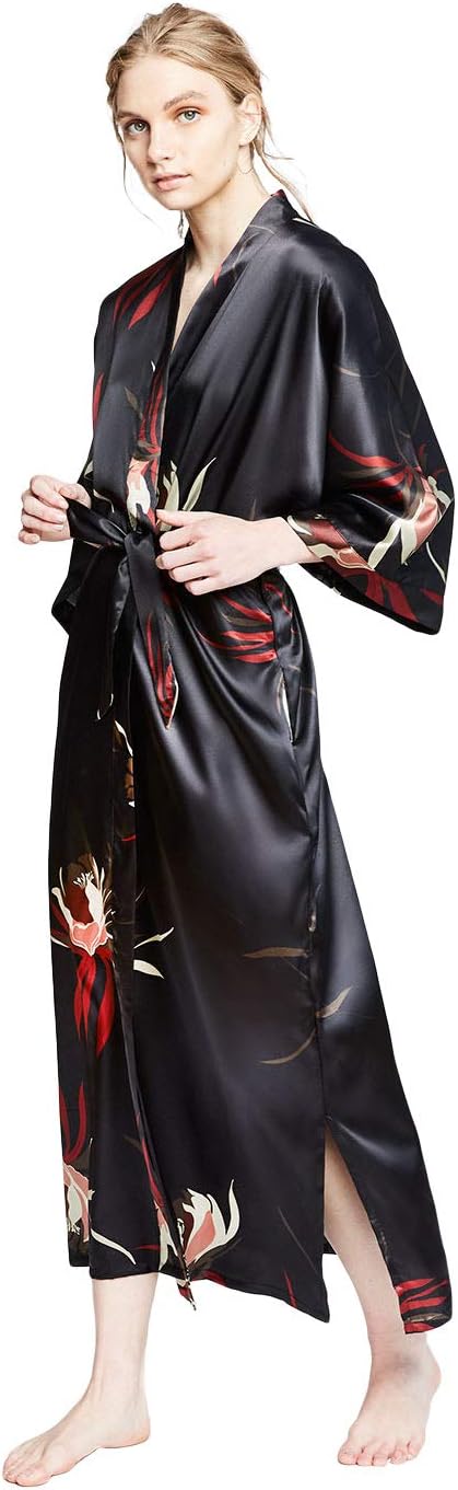 KIM+ONO Luxury Kimono Robe for Women | Long Satin Floral Robe | Hana Black | Original Design | Removable Waist Tie Closure - Image 3