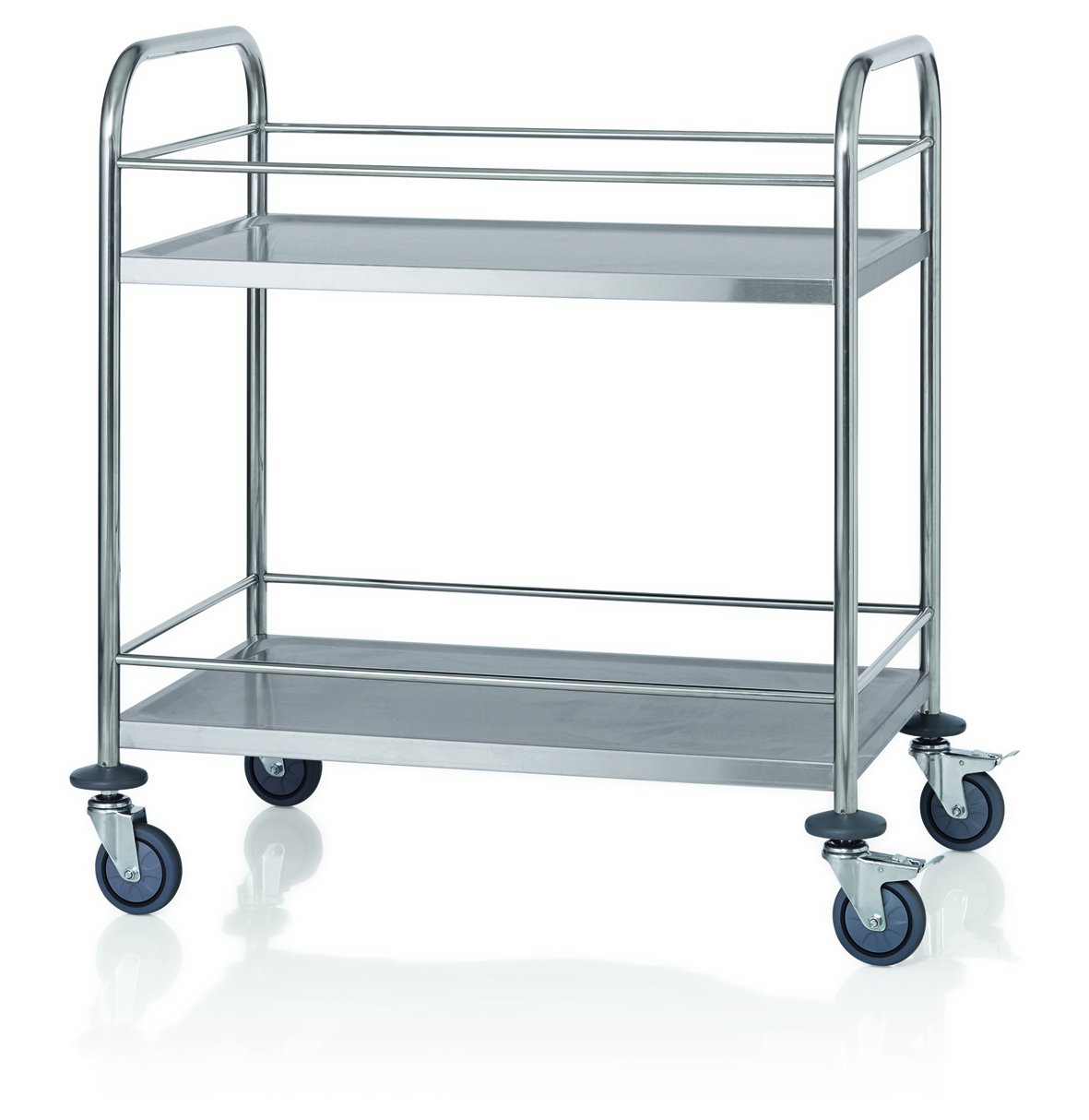 Servierwagen aus Edelstahl, 4 schwenkbare Rollen, Davon 2 mit Feststeller, Tragfähigkeit: Ca. 75 kg pro Bord, Artikel muss montiert Werden / 2 Borde - 85 x 54 x 94 cm, Bord: 83 x 51 cm