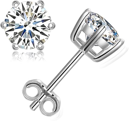 Moissanite Stud Earrings, 1ct-2ct Lab Created Moissanite Earrings for Women D Color VVS1 Clarity Brilliant Round Cut Moissanite 18K White Gold Plated 925 Sterling Silver Studs with Friction Back