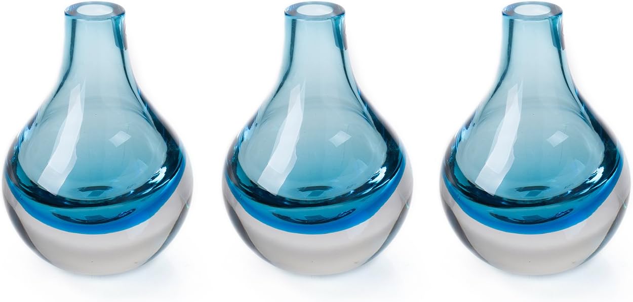 CASAMOTION Vase Hand Blown Glass Bud Vase,Tabletop Centerpiece Art Vases,Blue,Set of 3