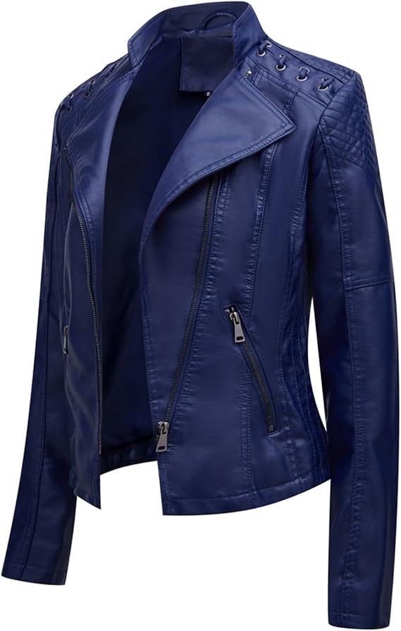 Lu's Chic Women's Motorcycle Jacket Fashion Dressy Vegan Leather Biker Coat Light Slim Fit Crop Blazer Moto Jacket