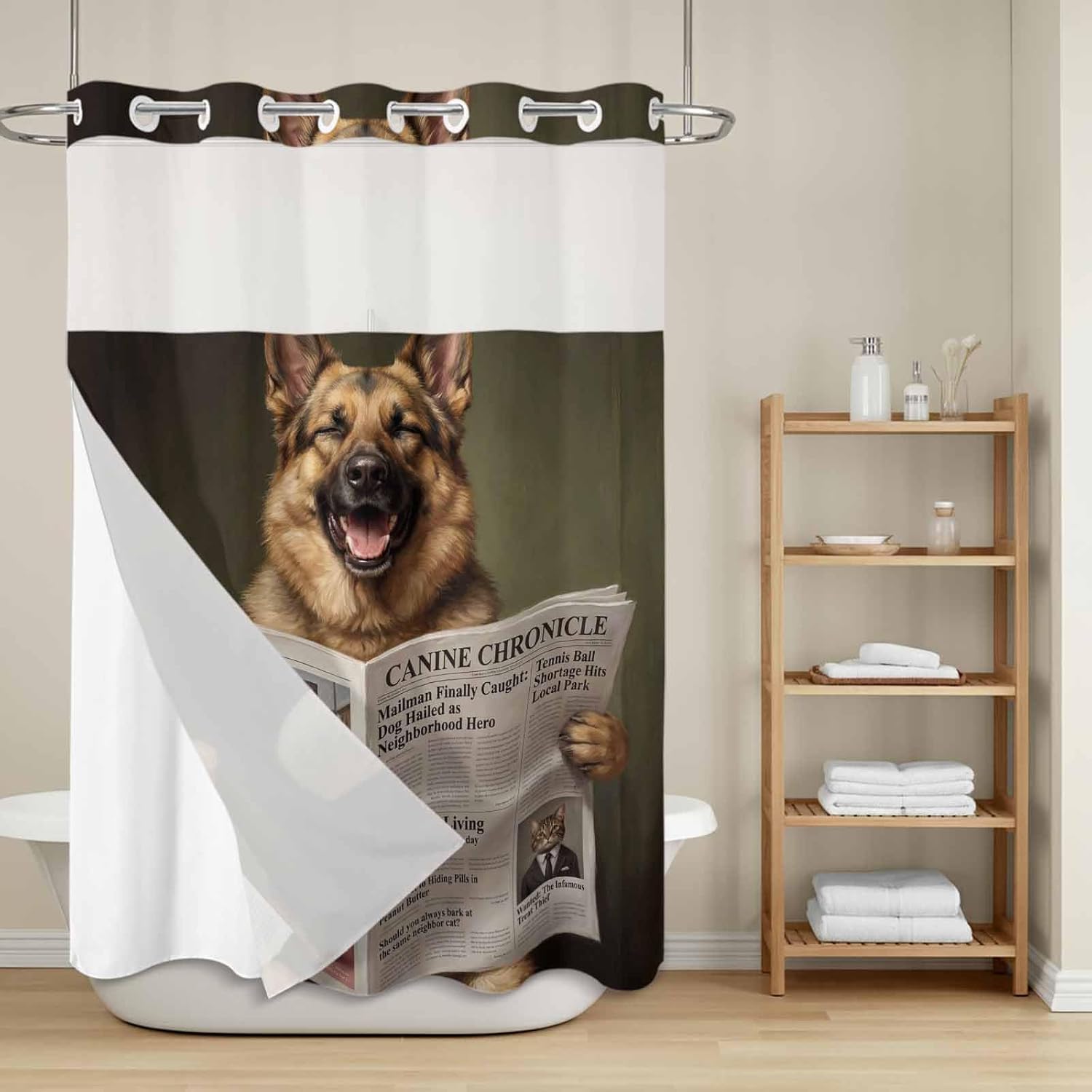 Funny Dog Puppy No Hook Shower Curtain with Snap in Liner, Cute German Shepherd Cartoon Newspaper Toilet Waterproof Shower Curtains with See Through Top Window Liner for Bathroom, 48x72 Inches