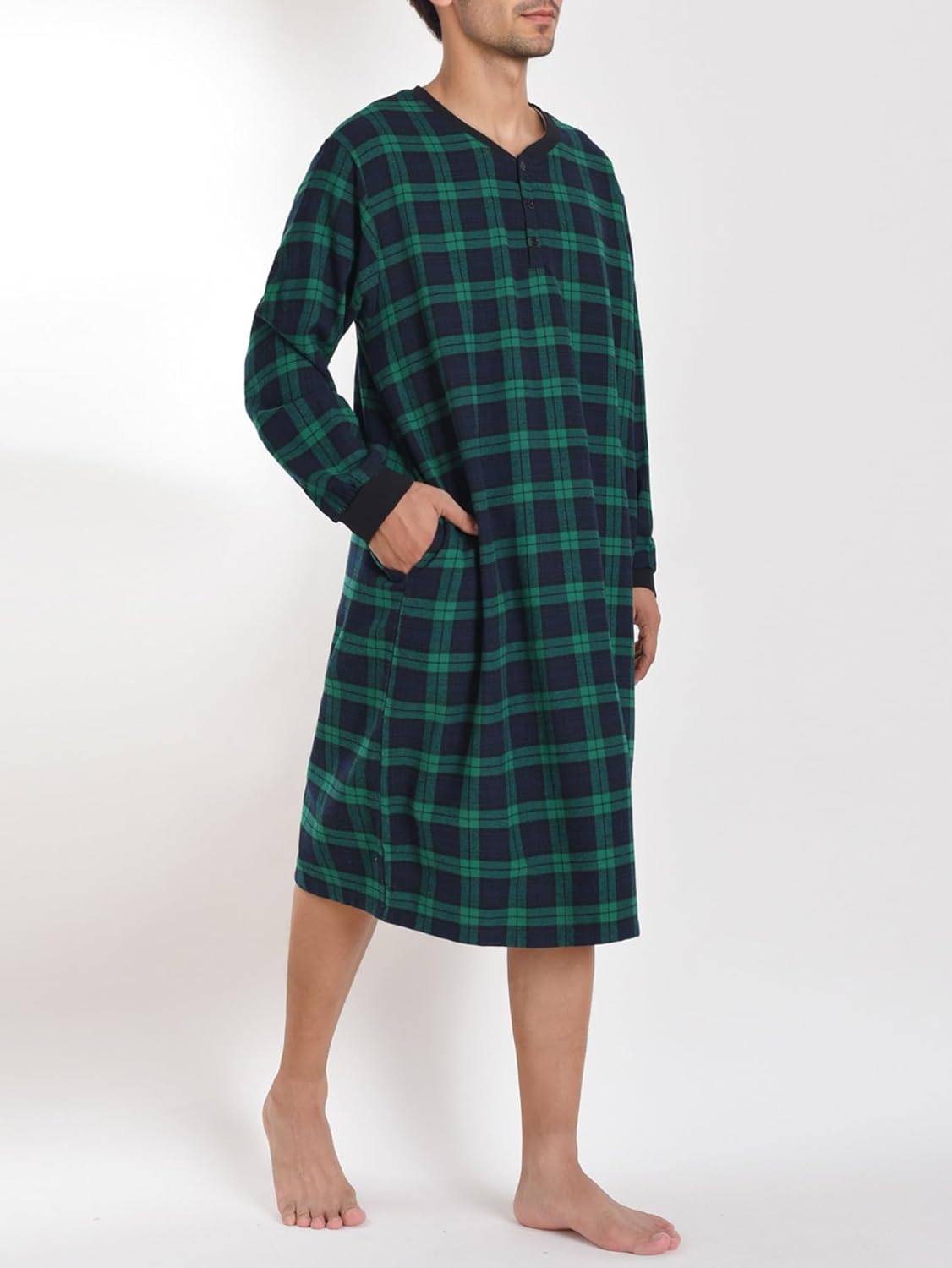 Latuza Men's Plaid Flannel Nightshirt Henley Sleep Shirt Nightgown - Image 2