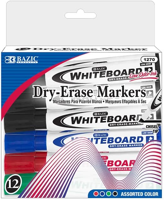 BAZIC - Marcador de borrado en seco con punta de cincel de colores surtidos, rotulador de pizarra blanca, marcadores de bajo olor, bolígrafos de