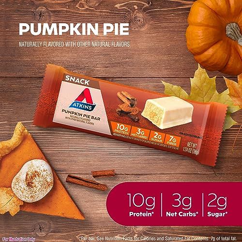 Image of Atkins Pumpkin Pie Snack Bar, 10g Protein, 3g Net Carbs, 5 Count | High Fiber, Great On-the-Go Snack, 2g Sugar, Individually Wrapped, Delicious Pumpkin Flavor