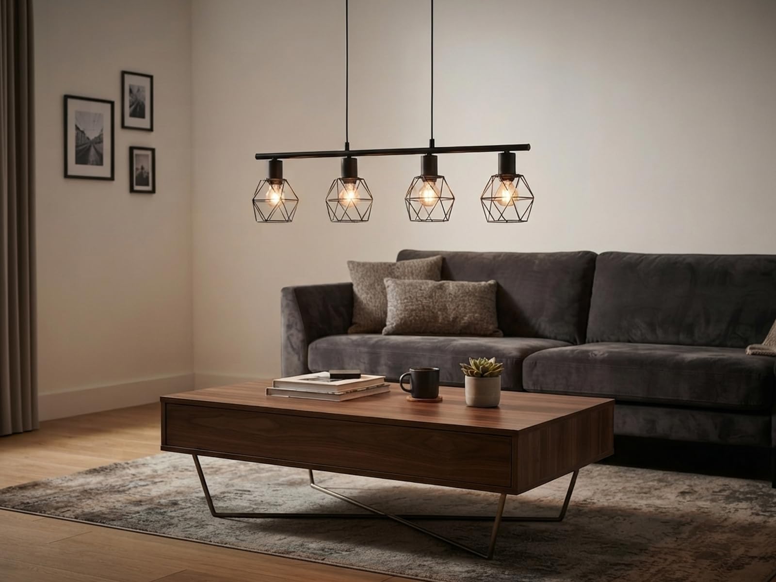 meineWunschleuchte Pendel-Leuchte Industrial Schwarz, für Esszimmertisch, | Breite 75cm, 4-flammig, Retro Gitterlampe ideal über dem Esstisch in Esszimmer und Küche