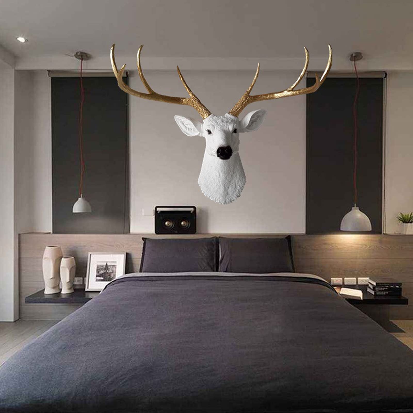 Decorazione da Parete Testa di Cervo Moderna,Pendente da Parete con Testa di Cervo Artificiale Scultura d'Arte,Finta Tassidermia Simulazione Corna di Cervo in Resina,per Camera da Letto O Soggiorno