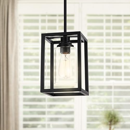 Miniatura 2 de Lámparas colgantes de granja de color negro mate, luces colgantes para isla de cocina, lámpara colgante rectangular de metal lineal, soporte de