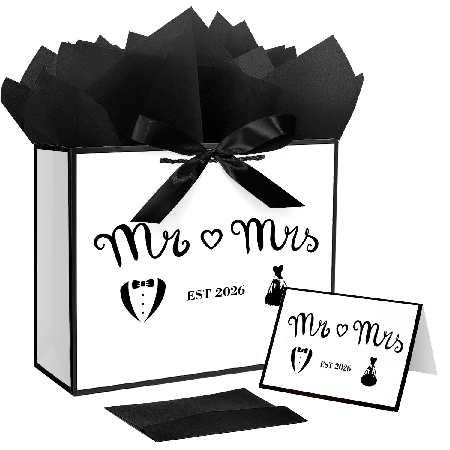 Jaywayang Large EST 2026 Mr & Mrs Wedding Gift Bag with Ribbon and Tissue Paper, 12.6" White and Metallic Black Bridal Shower Gift Bags, Engagement, Wedding Shower Party Favor.