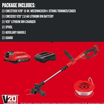 CRAFTSMAN V20 Weed Wacker Cordless String Trimmer and Edger, Weed Eater Includes 2.0 Ah Battery and Charger, Lightweight, Extended Runtime, 2 Speed (CMCST900D1)