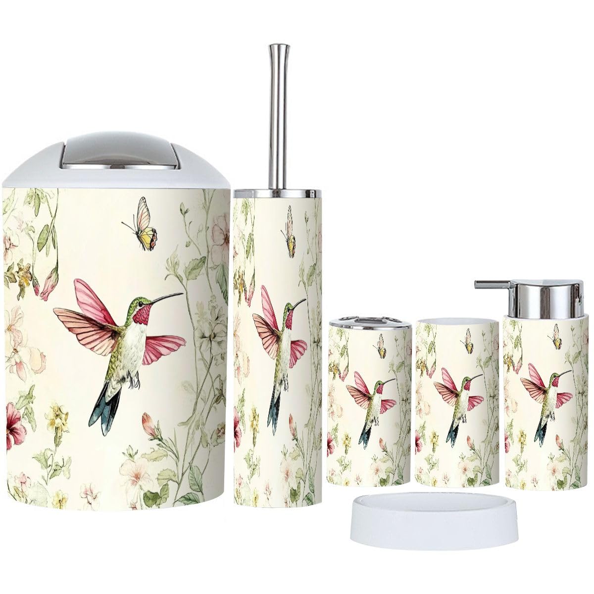 Bathroom Accessory Set 6 Piece Boho Floral Vintage Bird Flowers Butterfly Hummingbirds Butterflies Trash Can, Toothbrush Holder, Soap Dispenser, Soap