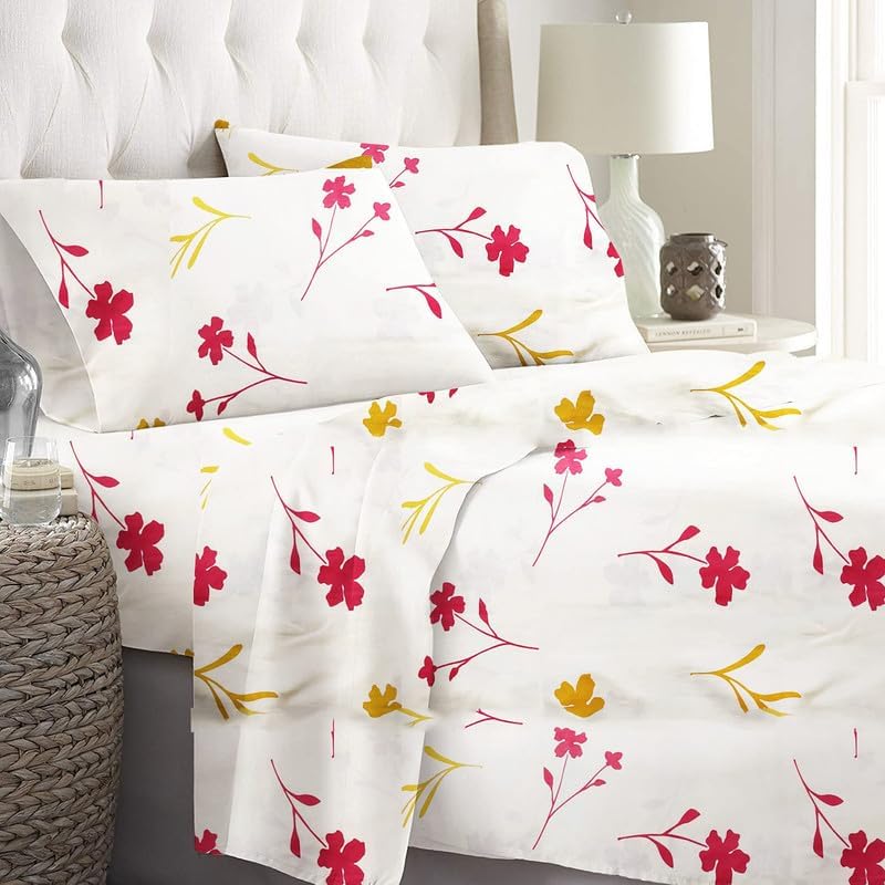 Image of Bedsheet Bed with 2 Pillow Covers 100% Cotton 144 TC |Chadar - Flat Sheet with 2 Pillow Covers - Royal Red Flower Double