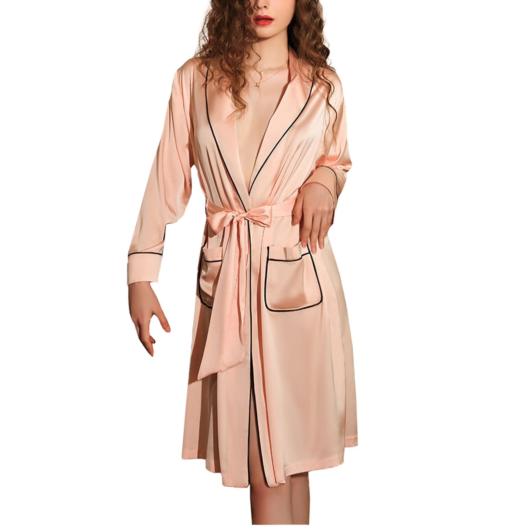 Camisón Sexy de Cuello V Profundo Vestido de Seda satén Pijama de Manga Larga