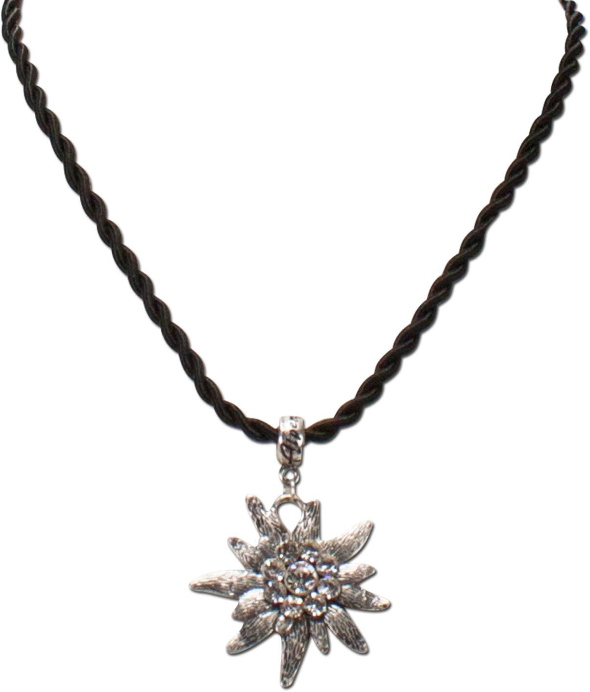 Alpenflüstern Bavarian drawstring cord necklace with rhinestone Edelweiss, Ladies costume jewelry, traditional german pendant necklace for Dirndl, Leather trouser, Oktoberfest (black) - Image 3