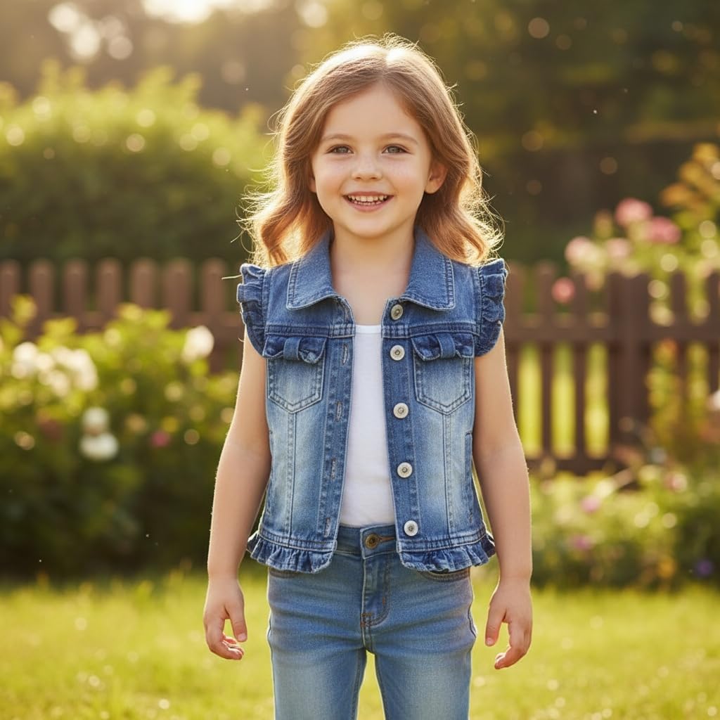 Yao Little Girls Denim Vest Spring Autumn Sequins Owl Vest Coat - Image 2