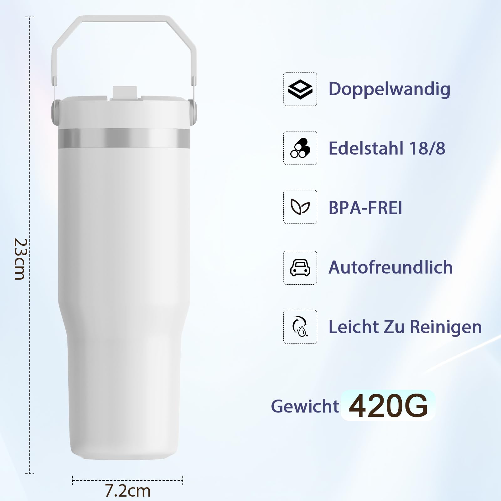 FOLAI Taza térmica personalizada, 30 onzas a prueba de fugas, de acero inoxidable, para deporte, termo con pajita y asa, botella de gimnasio, apta para lavavajillas, taza de café térmica (blanco)