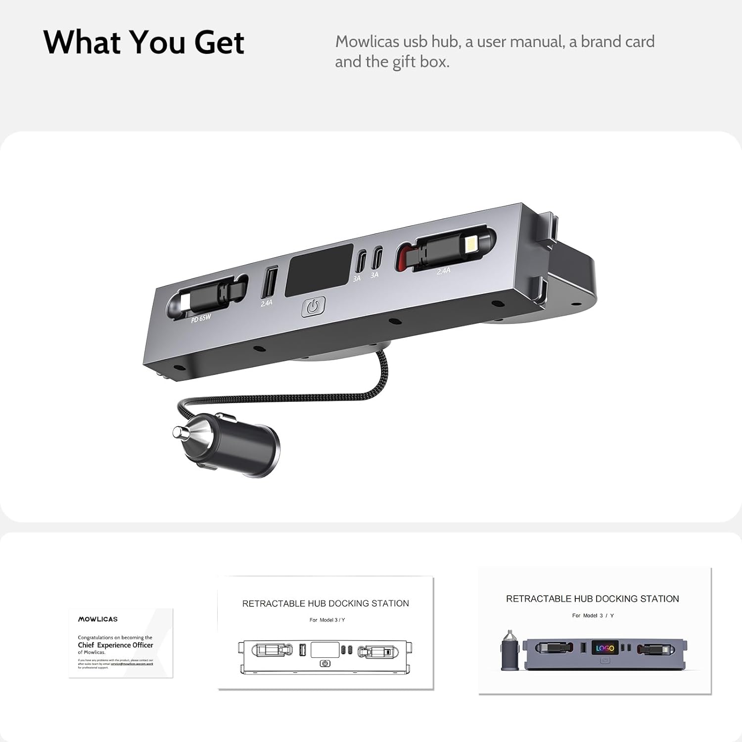 125W Max Retractable USB Hub, Tesla New Model 3 Highland (2025/2024) Accessories, Super Fast Charger Up 65W for MacBook Pro/Air/iPhone 16/15/Samsung Series, 5 in 1 Docking Station