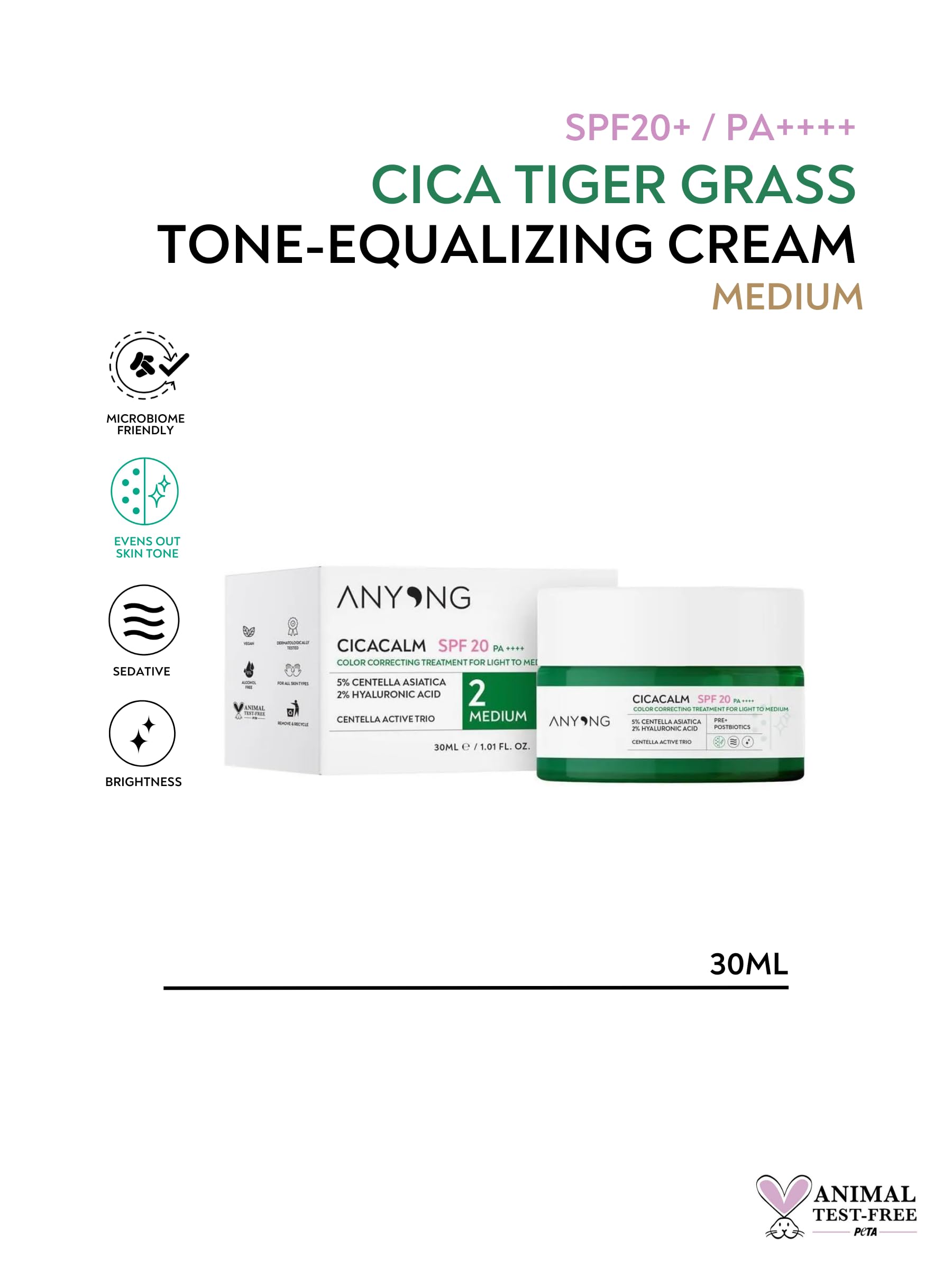 Anyong Cica Tiger Grass Ton Eşitleyici Ve Kızarıklık Karşıtı Krem Medium 20 Spf 30 ml Orta Cilt Tonları