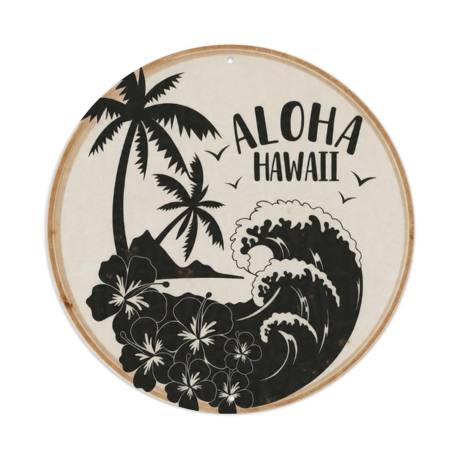 Vintage Hawaii Tropical Silhouette Round Decor Sign Vintage Aluminium Metal Sign, Retro Wall Decor for Home, Bar, Garage & Farmhouse 20x20cm