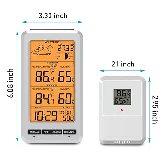 Weather Station Indoor Outdoor Thermometer Humidity Wireless Temperature Humidity Monitor, Weather Thermometer Forecast Station with Alarm Clock and Adjustable Backlight (Orange Backlight)