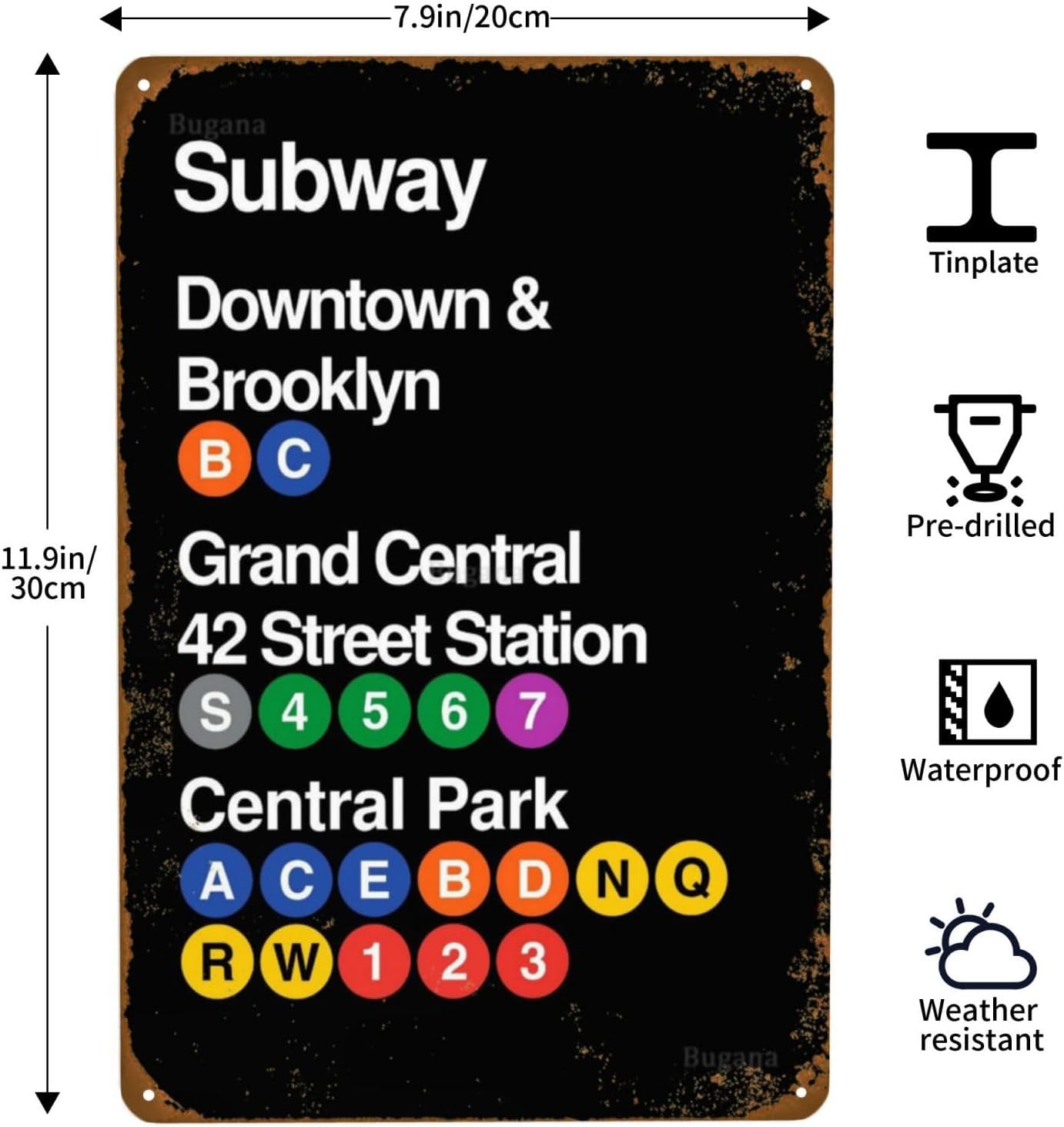 New York City Subway Downtown & Brooklyn Grand Central 42 Street Station Park Vintage Metal Sign, Retro Tin Signs Posters for Man Cave Bar Garage Car Room Streets Wall Decor Art 8 x 12 Inch