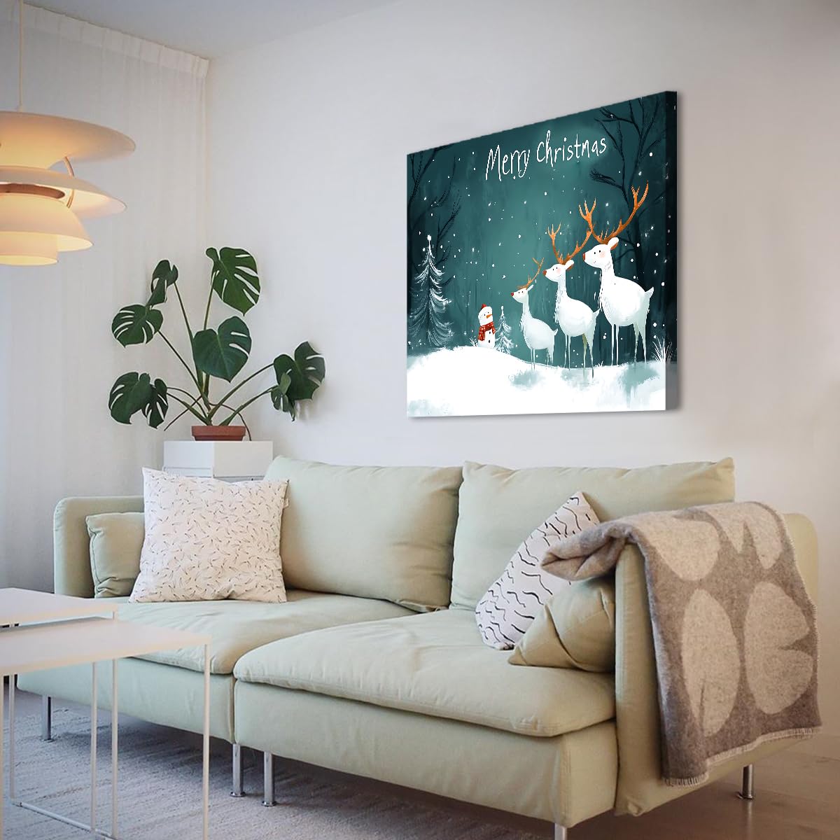 CHERHERART Śnieżny las zima wakacje zima obrazy na płótnie grafika renifer Boże Narodzenie sztuka ścienna plakaty do przedszkola biuro dekoracja 85 x 85 cm rama wewnętrzna