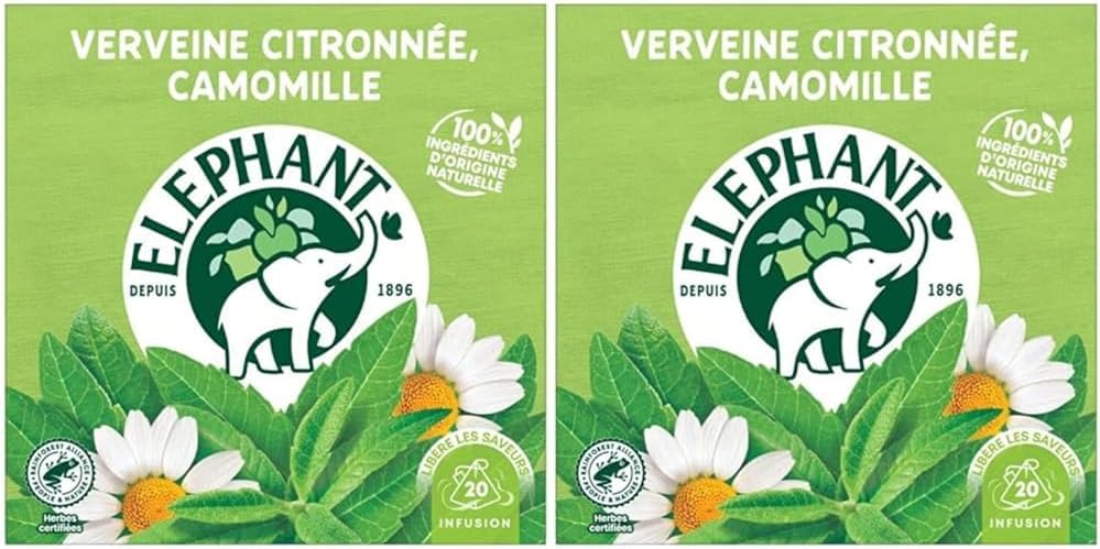 Elephant | Lemon Verbena Infusion, Chamomile | 20 Pyramid® Herbal Tea Bags | Wellness and Relaxation | 100% Natural Ingredients (Pack of 2)