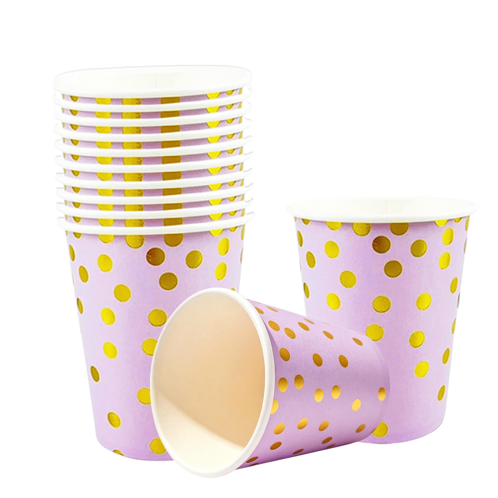 40P Purple Disposable Paper Cups,Purple Gold Foil Polka Dots Party Cup