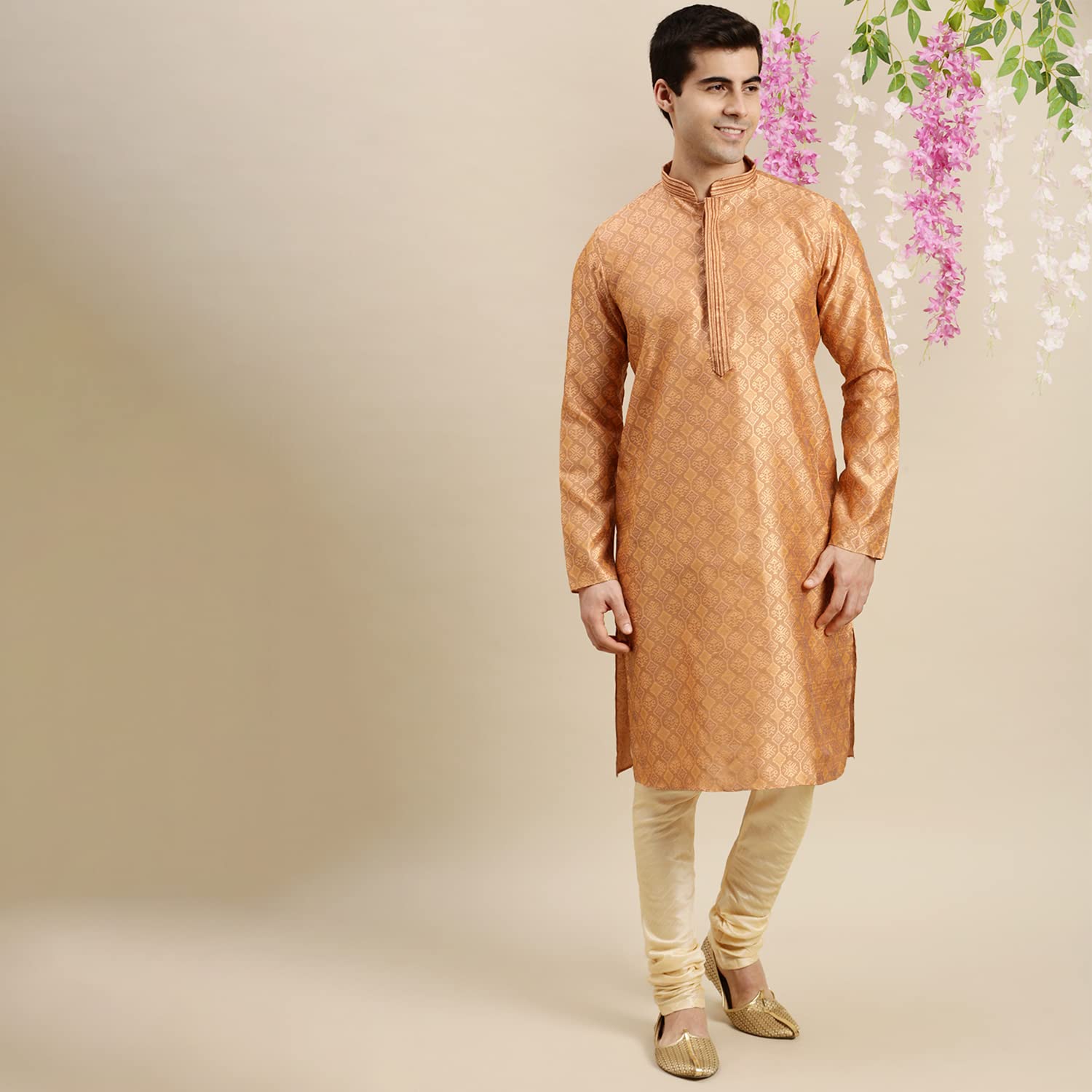 Sanwara Men's Rust Woven Long Sleeve Art Silk Elegant Kurta_SK_947_XL 1