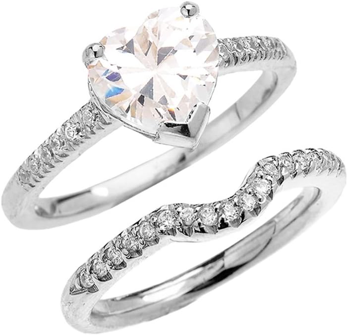 10k White Gold Dainty Heart Shape Cubic Zirconia Solitaire Wedding Ring Set