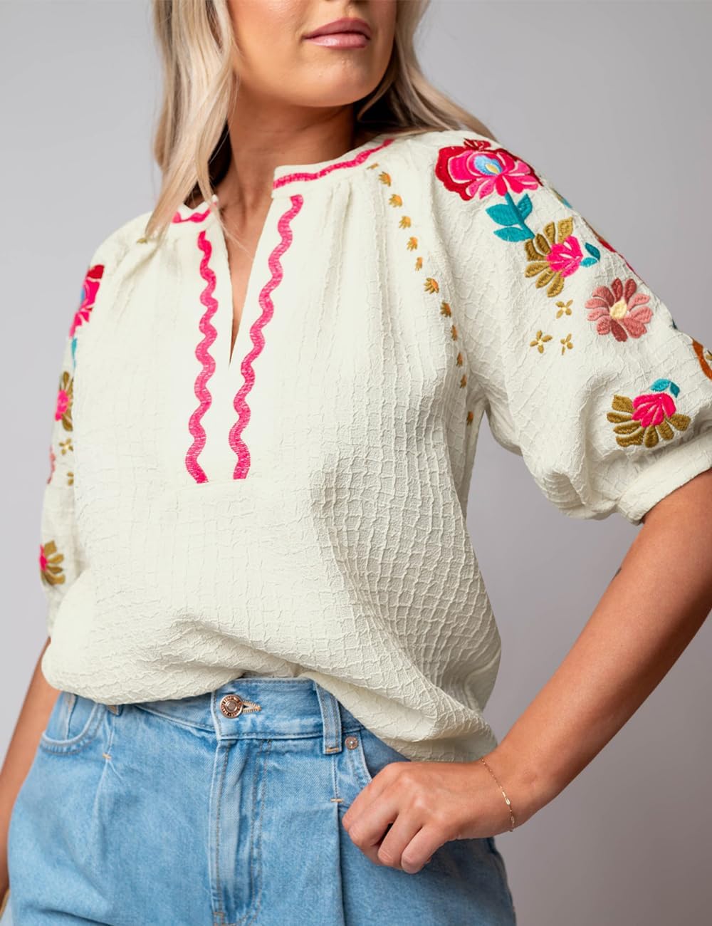 Ecosunny Women's Casual V Neck Puff Short Sleeve Shirts Floral Embroidered Ricrac Textured Loose Tunic Blouses Tops - Image 3