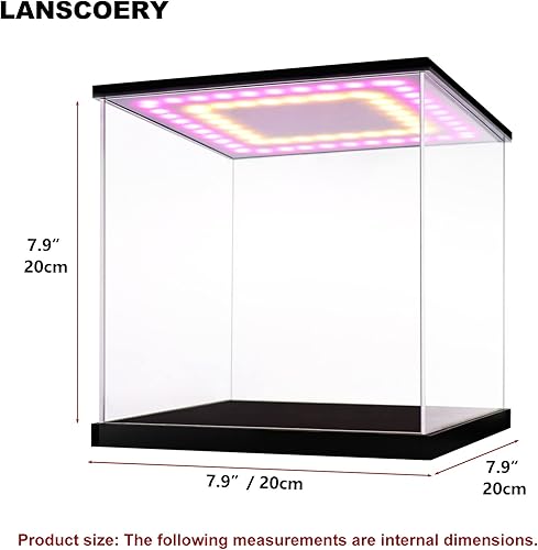 Miniatura 6 de LANSCOERY Vitrina de acrílico transparente con doble luz, soporte de caja de exhibición de cubo con base negra, escaparate de protección a prueba de