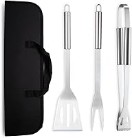 YUNYDSM 3-Piece Stainless Steel BBQ Grill Tool Set with Spatula, Fork, Tongs & Storage Bag for Outdoor Grilling