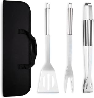 YUNYDSM 3-Piece Stainless Steel BBQ Grill Tool Set with Spatula, Fork, Tongs & Storage Bag for Outdoor Grilling