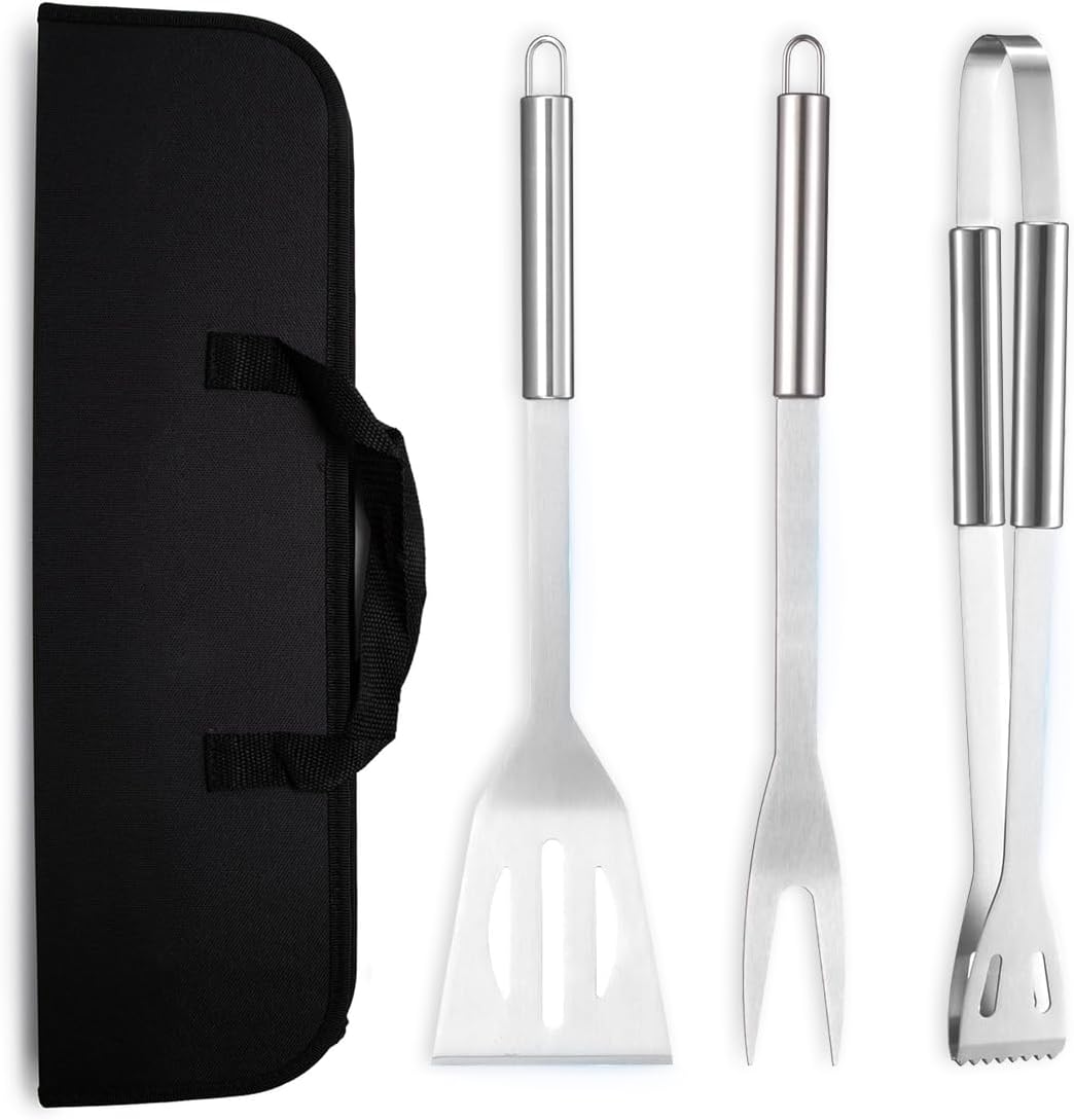 BBQ Grill Tool Set, 3Pcs Stainless Steel Barbeque Grilling Tool Set, Includes a Spatula/Fork/Pair of Tongs, and a Cloth Storage Bag, BBQ Tools for Backyard Outdoor Kitchen (3 Pack)