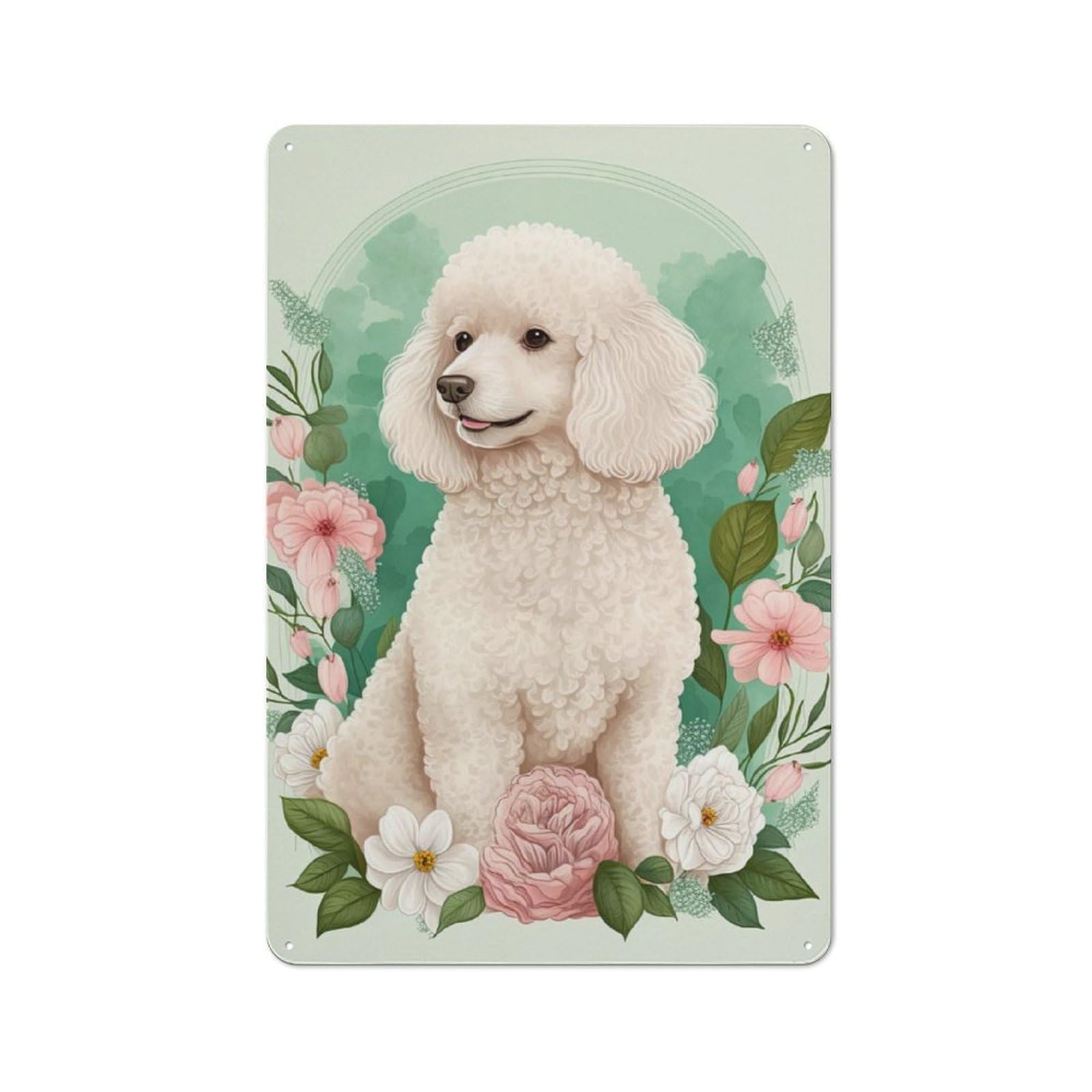 Junmoney Poodle Floral Portrait For Garden Room Or Summerhouse, Retro Metal Sign 30X20cm, For Metal Sign Collectors, For Vintage Wall Decor Fans