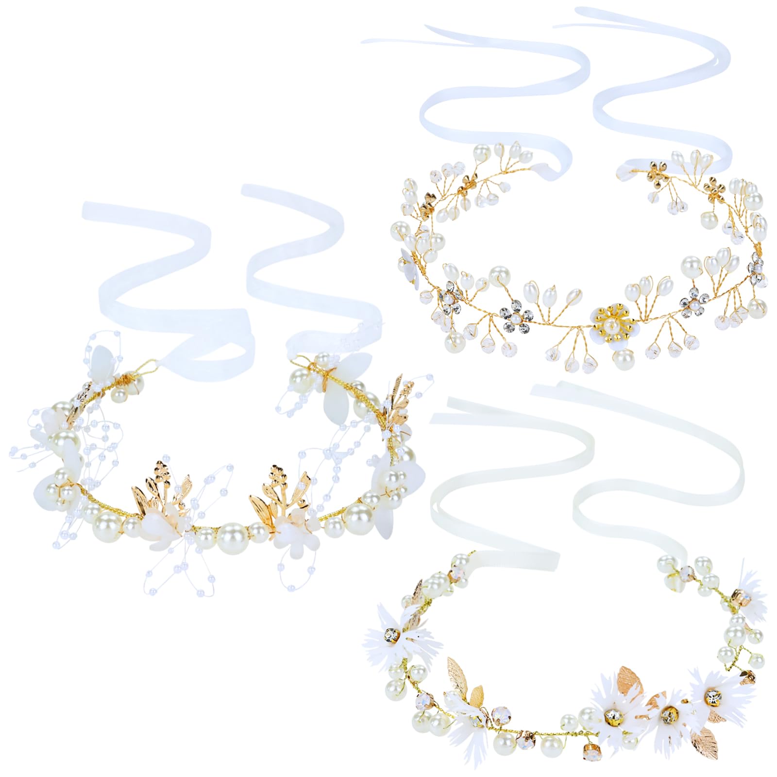 inSowni 3pcs Flower Girl Headbands Pearl Rhinestone Leaf Flower Wedding Bridal Crowns Tiaras Wreaths with Ribbon Vines Headpieces Hair Vine Accessories for Women Girls Teens Kids