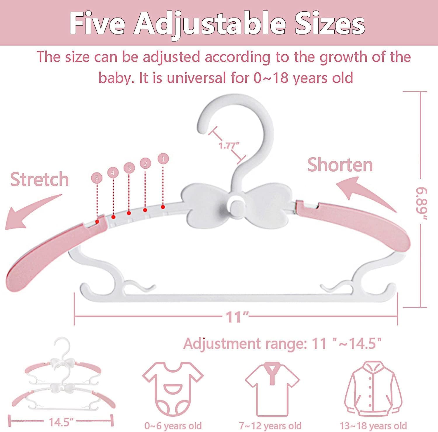 Pack de 50 perchas para ropa de bebé, de 28-37 cm, ajustables, de plástico, para armario de bebé y pantalones de niño pequeño, abrigos, vestidos