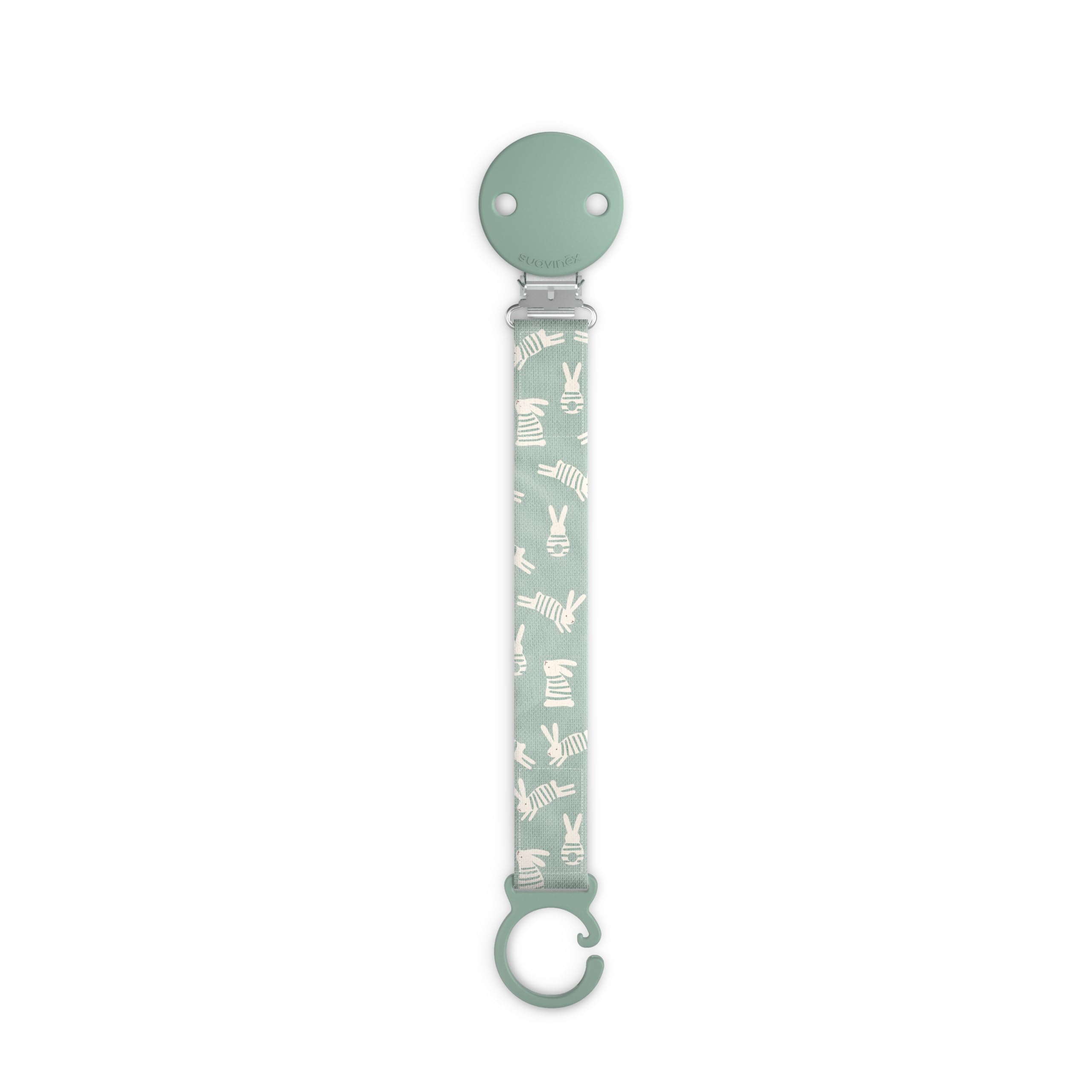 Suavinex, Portaciuccio in tessuto per neonati, Nastro con disegno double-face, Catenella per ciuccio, Clip con fermaglio, per ciucci con anello. +0 mesi, adatto ai neonati, Wonder Coniglietti Verde