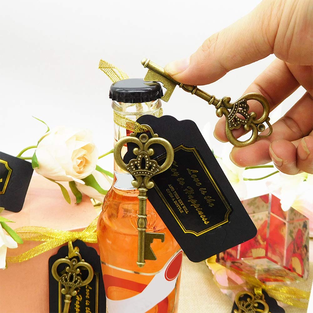Apribottiglie a forma di chiave in stile retrò, strumento per aprire le birre in lega di zinco, apribottiglie vintage per matrimoni con etichetta e adesivo, ideale come bomboniera (Confezione da 50